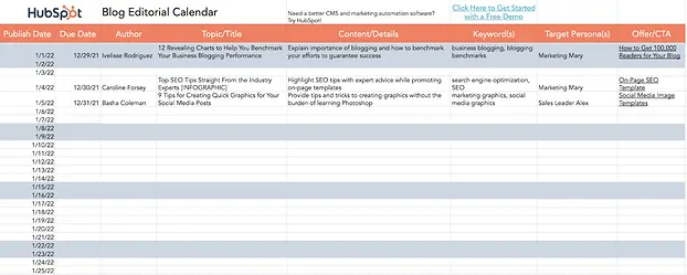 HubSpot Blog Editorial Calendar