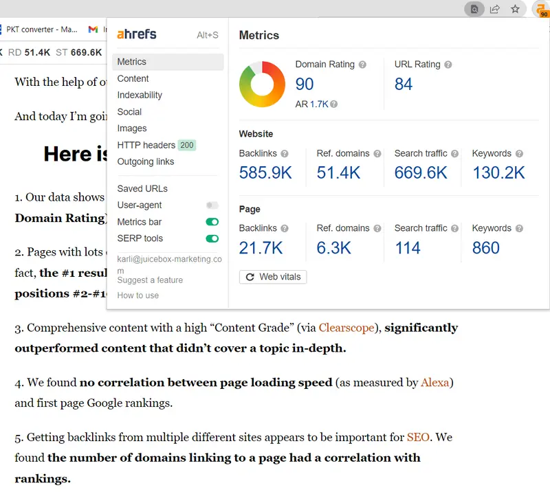 Traffic and Link Profile of a Site